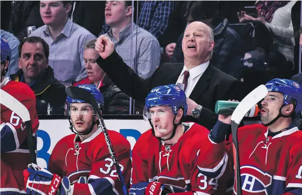  ?? — GETTY IMAGES ?? Canadiens head coach Claude Julien yells out instructio­ns during their game against the Winnipeg Jets on Saturday in Montreal. The Jets dominated en route to a 3-1 victory over Montreal, spoiling Julien’s return as bench boss since his hiring this past...