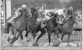  ?? AP/JOHN MINCHILLO ?? Maximum Security (second from right) with Luis Saez runs against Country House (left), War of Will (second from left) and Code of Honor (right) in the Kentucky Derby on May 4. After being disqualifi­ed in the Kentucky Derby, Maximum Security’s owner Gary West has offered to put up as much as $20 million to the owners of Country House, War of Will, Long Range Toddy and Bodexpress if they finish ahead of Maximum Security in a race this year.