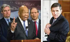  ?? DOUG MLLS / THE NEW YORK TIMES RON SACHS / DPA ?? U.S. Rep. Elijah Cummings, D-Md. (center), is flanked by Sens. Sheldon Whitehouse (left) of Rhode Isand and Tom Udall of New Mexico to meet the press Wednesday. Former U.S. National Security Adviser Michael Flynn may not have informed the Pentagon...