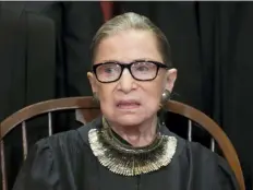  ?? J. SCOTT APPLEWHITE, FILE - THE ASSOCIATED PRESS ?? In this 2018 file photo, Associate Justice Ruth Bader Ginsburg sits with fellow Supreme Court justices for a group portrait at the Supreme Court Building in Washington. The Supreme Court announced Aug. 23 that Ginsburg has been treated for a malignant tumor.