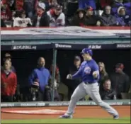  ?? CHARLIE RIEDEL - THE ASSOCIATED PRESS ?? Chicago’s Anthony Rizzo celebrates after scoring on a hit by Ben Zobrist during the fifth inning of Game 2.