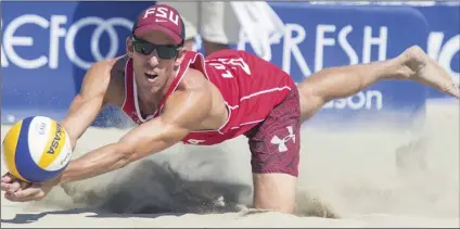  ?? ORANGE COUNTY REGISTER VIA AP
MICHAEL GOULDING/THE ?? In this Aug. 23, 2015, filer photo, United States’ Nick Lucena digs out a ball during the final match at the FIVB World Series of Beach Volleyball event in Long Beach.