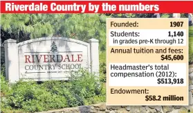  ??  ?? Founded: 1907
Students: 1,140 in grades preK through 12
Annual tuition and fees: $ 45,600
Headmaster’s total compensati­on ( 2012): $ 513,918
Endowment: $ 58.2 million