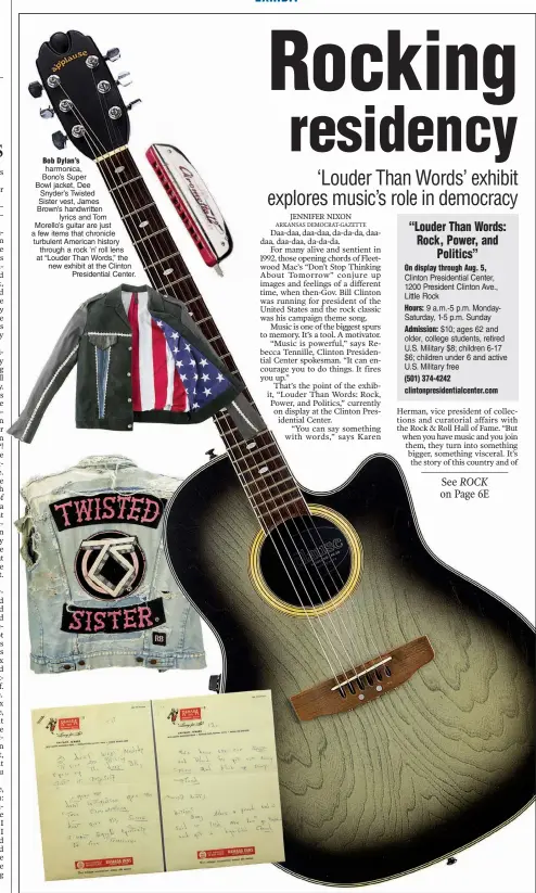  ?? Photos Rock & Roll Hall of Fame ?? Bob Dylan’s harmonica,
Bono’s Super
Bowl jacket, Dee Snyder’s Twisted
Sister vest, James Brown’s handwritte­n lyrics and Tom Morello’s guitar are just a few items that chronicle turbulent American history through a rock ’n’ roll lens at “Louder Than...