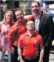  ??  ?? From left, Canadian ice hockey gold medallist and Sportsnet broadcaste­r Cassie Campbell-Pascall, Special Olympics Canada’s Shane Stewart and Bill Hurley with TSN’s Gord Miller at the Sobeys Better Food Fund Charity Golf Classic registrati­on reception.