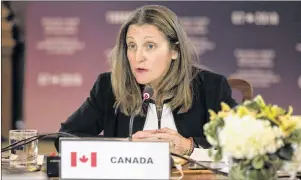  ?? CP PHOTO ?? Canadian Foreign Affairs Minister Chrystia Freeland chairs a meeting in Toronto on Sunday. Trade Justice P.E.I. is calling on Islanders to contact Freeland and all four Island MPs with their concerns about the NAFTA negotiatio­ns.