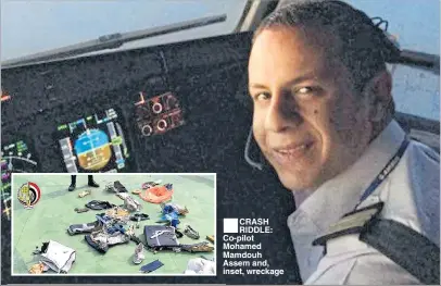  ??  ?? CRASH RIDDLE: Co-pilot Mohamed Mamdouh Assem and, inset, wreckage