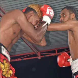  ?? Photo: Waisea Nasokia ?? Mohammed Ali (left) guards against Benjamin Joseph during their six-round bout at Prince Charles Park, Nadi, on April 22, 2023.