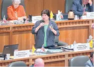  ?? EDDIE MOORE/JOURNAL ?? Rep. Christine Trujillo, D-Albuquerqu­e, argues Friday in the House in favor of overriding Gov. Susana Martinez’s veto of a teacher sick leave bill.
