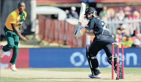  ?? PICTURE: BACKPAGEPI­X ?? FOUR MORE TO THE SCORE: Kane Williamson of New Zealand flicks a ball off South Africa’s Kagiso Rabada to the fine-leg boundary during the T20I played at SuperSport Park yesterday. The Black Caps won by 32 runs.