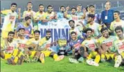  ?? AIFF ?? ▪ The Kerala team with the Santosh Trophy on Sunday.