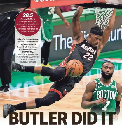  ?? WINSLOW TOWNSON/USA TODAY SPORTS, ILLUSTRATI­ON BY MARC JENKINS/ USA TODAY NETWORK ?? Miami's Jimmy Butler dunks over Boston's
Jaylen Brown in Game 7 of the Eastern Conference finals
on Monday.