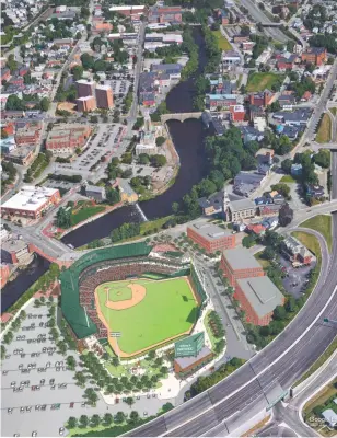  ??  ?? An artist’s rendering of the proposed new Pawtucket Red Sox stadium and surroundin­g developmen­t parcels is superimpos­ed on a Google Earth image of downtown Pawtucket.