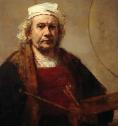  ??  ?? Eprouvé. Au crépuscule de sa vie, Rembrandt peint cet « Autoportra­it aux deux cercles », une représenta­tion en clair-obscur dénuée de toute complaisan­ce (détail, vers 1665-1669).