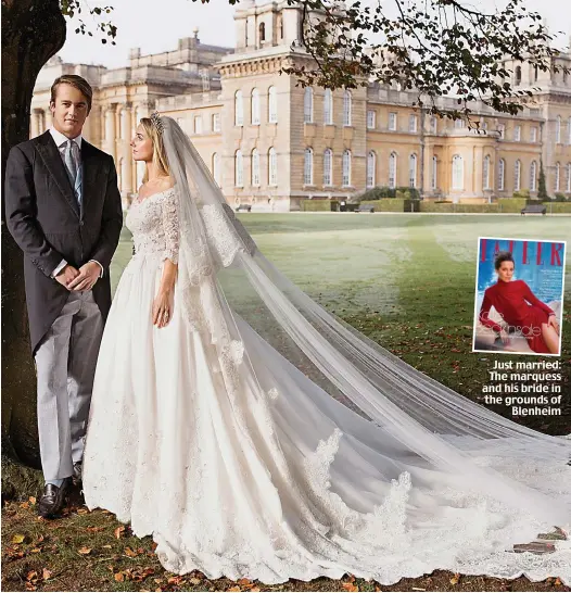  ??  ?? Just married: The marquess and his bride in the grounds of Blenheim