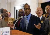  ?? CASEY SYKES / CASEY.SYKES@AJC.COM ?? DeKalb County CEO Michael Thurmond said Wednesday at the DeKalb County Courthouse in Decatur that the approval of this sales tax increase should be seen as a “transforma­tive moment” for the county government. .