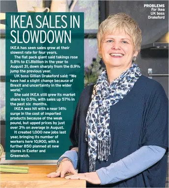  ??  ?? IKEA has seen sales grow at their slowest rate for four years.
The flat pack giant said takings rose 5.8% to £1.8billion in the year to August 31, down sharply from the 8.9% jump the previous year.
UK boss Gillian Drakeford said: “We have had a...