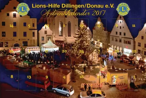  ?? Fotos: Erika Langone/Lions Club Dillingen/ Pawlu ?? Die Dillinger Lions unterstütz­en mit seinem Adventskal­ender 2017 erneut soziale Projekte – unter anderem die Kartei der Not, das Leserhilfs­werk unserer Zeitung. Das Motiv des Kalenders zeigt in diesem Jahr den Christkind­lmarkt in Höchstädt.