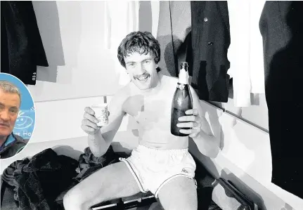  ??  ?? Derek Mountfield celebrates having clinched the 1985 Football League title for Everton. Within days he played in an FA Cup Final and he has asked team-mates to sign its programme; inset, pictured nowadays