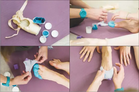  ?? JASON HENRY / THE NEW YORK TIMES ?? The new ballet shoe insert by Perfectfit Pointe is designed to be easier on ballerina’s feet and lengthen the life of pointe shoes. The custom-molded shoe inserts are made from silicone putty. They are meant to help distribute dancers’ weight more...