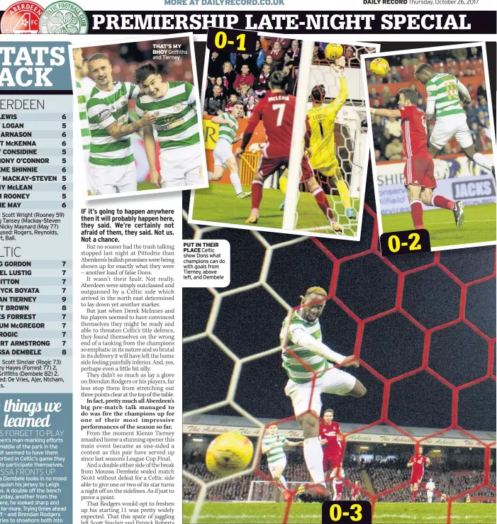  ??  ?? THAT’S MY BHOY Griffiths and Tierney PUT IN THEIR PLACE Celtic show Dons what champions can do with goals from Tierney, above left, and Dembele 0-1 0-2