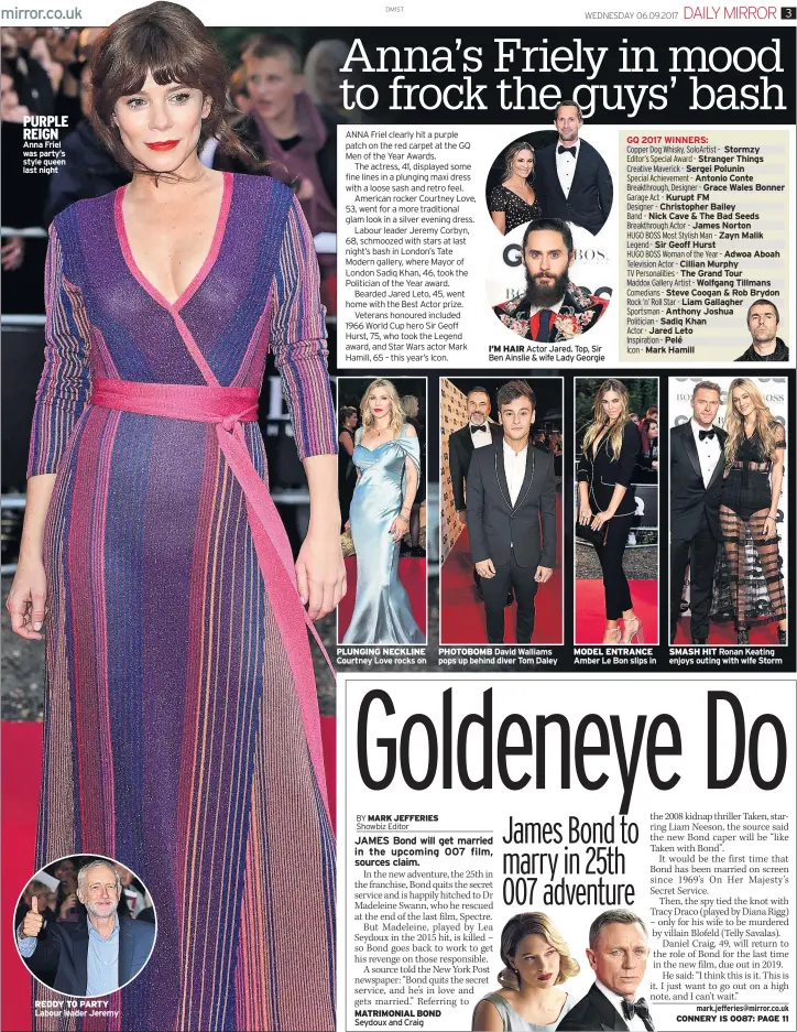  ??  ?? PURPLE REIGN Anna Friel was party’s style queen last night PLUNGING NECKLINE Courtney Love rocks on PHOTOBOMB David Walliams pops up behind diver Tom Daley MODEL ENTRANCE Amber Le Bon slips in SMASH HIT Ronan Keating enjoys outing with wife Storm