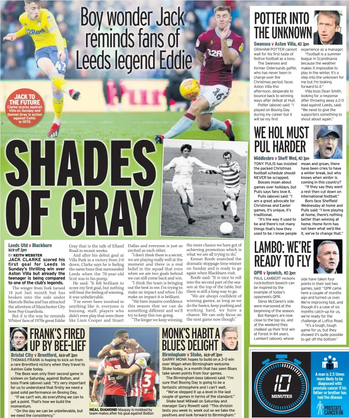  ??  ?? JACK TO THE FUTURE Clarke scores against Villa on Sunday and (below) Gray in action against Celtic in 1970 THOMAS FRANK is hoping to kick on from a rare Brentford victory when they travel to Ashton Gate today.The Bees won only their second game in sixteen on Saturday, against Bolton, and boss Frank (above) said: “It’s very important for us to understand that firstly we need a good solid performanc­e on Boxing Day.“If we can’t win, do everything we can to get a point. That’s how we build the momentum.“On the day we can be unbelievab­le, but we need the consistenc­y.”