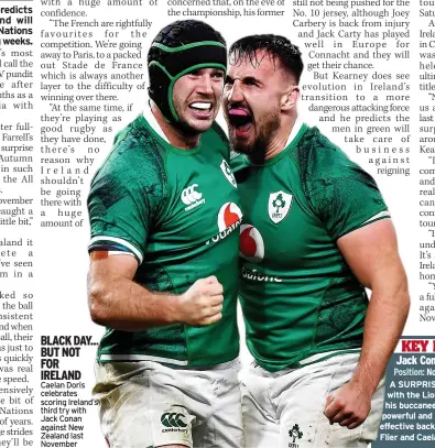  ?? ?? BLACK DAY... BUT NOT FOR IRELAND Caelan Doris celebrates scoring Ireland’s third try with Jack Conan against New Zealand last November