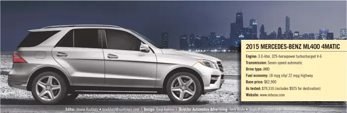  ??  ?? 2015 MERCEDES- BENZ ML400 4MATIC Engine:            
      ! "  
         #         
           
     $   	 %   & Transmissi­on: '  (         #     	     
       
     Drive type: AWD
Fuel economy: ) *  # $     
   + ! !   # $ 
   $ 
       Base price:...