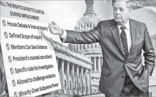  ??  ?? DEMANDS: Sen. Lindsey Graham introduces a resolution Thursday that he says would make the House impeachmen­t inquiry more transparen­t.