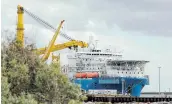  ?? Picture: REUTERS / AXEL SCHMIDT ?? WAITING: The Russian pipe-laying vessel Akademik Cherskiy, which may be used in the constructi­on of the Nord Stream 2 gas pipeline, lies in the port of Mukran, Germany.