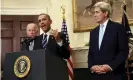  ?? Photograph: Kevin Lamarque/Reuters ?? John Kerry with Joe Biden and Barack Obama at the White House in Washington DC, on 6 November 2016.