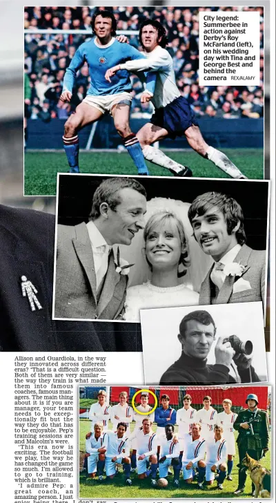  ?? REX/ALAMY Escape to Victory ALAMY ?? City legend: Summerbee in action against Derby’s Roy McFarland (left), on his wedding day with Tina and George Best and behind the camera
Dream team: Mike Summerbee (circled) as part of a star-studded line-up in the film