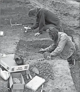  ?? [SAN DIEGO NATURAL HISTORY MUSEUM] ?? San Diego Natural History Museum paleontolo­gists work at the Cerutti Mastodon site in San Diego in February 1993. A report Wednesday says discoverie­s at the site provide evidence of human-like behavior there from about 130,000 years ago.