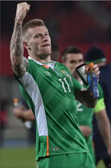  ??  ?? James McClean celebrates Ireland’s win over Austria in Vienna.