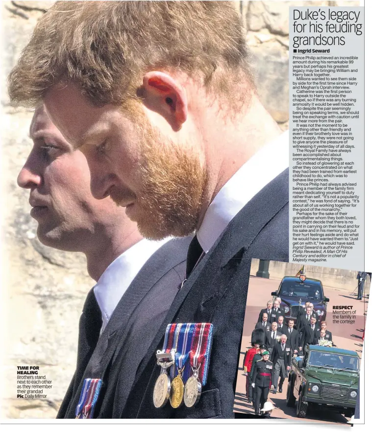  ?? Pic Daily Mirror ?? TIME FOR HEALING Brothers stand next to each other as they remember their grandad
RESPECT Members of the family in the cortege