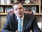  ?? JOHN HANNA — THE ASSOCIATED PRESS ?? In this Jan. 4, 2018 photo, Kansas Secretary of State Kris Kobach speaks during an interview in Topeka, Kan. Legal challenges to a Kansas law requiring proof of citizenshi­p to register to vote, will go on trial next week in a case with national...