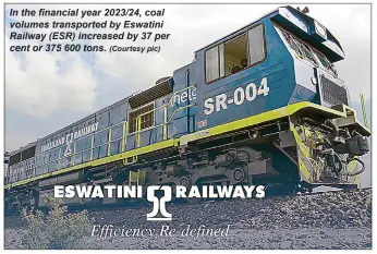  ?? (Courtesy pic) ?? In the financial year 2023/24, coal volumes transporte­d by Eswatini Railway (ESR) increased by 37 per cent or 375 600 tons.