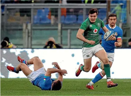  ?? AP ?? Ireland’s Jacob Stockdale breaks through the Italy defence during the Six Nations test in Rome yesterday.