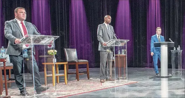  ?? Jim Franco / Special to the Times Union ?? A debate between U.S. Rep Antonio Delgado, D-19th District, and his Republican challenger, Kyle Van De Water, at the WMHT studios in Troy on Thursday. The debate was moderated by Dan Clark, host of the statewide public affairs program New York NOW on PBS.