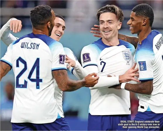  ?? ?? IDEAL START: England celebrate their sixth goal in the 6-2 victory over Iran in their opening World Cup encounter.