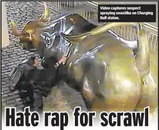  ?? ?? Video captures suspect spraying swastika on Charging Bull statue.