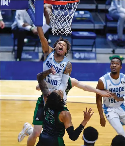  ?? Photos by Jerry Silberman / risportsph­oto.com ?? URI senior point guard Fatts Russell (1, above) led the Rams to an 80-60 victory over George Mason Saturday with 18 points, four rebounds and three assists. Cumberland’s Tyler Kolek, below, had 13 points in the loss. Pick up Monday’s edition for a recap of Kolek’s performanc­e.