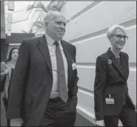  ?? The Associated Press ?? MEETING: Former CIA Director John Brennan, left, and Wendy Sherman, right, a former State Department official and top negotiator of the Iran nuclear deal, arrive to meet with Speaker of the House Nancy Pelosi, D-Calif., about the situation in Iran, at the Capitol in Washington on Tuesday.