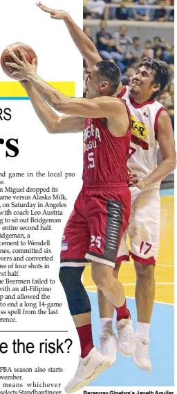  ?? JUN MENDOZA ?? Barangay Ginebra’s Japeth Aguilar squeezes out a shot against Star’s Aldrech Ramos during their PBA Governors’ Cup duel last Sunday. The Gin Kings won in overtime, 105-101.