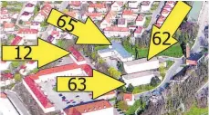  ?? FOTO: ARCHIV ?? In diesen Gebäuden im alten Sanitätsbe­reich der Kaserne könnte die Gesundheit­sakademie untergebra­cht werden. In den Häusern 62 und 12 könnten Schüler untergebra­cht werden, in denen mit der Nummer 63 und 65 zusätzlich Schulungsr­äume.