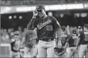  ?? [AP PHOTO/MATT SLOCUM] ?? Nationals left fielder Juan Soto celebrates after a 12-3 win against the Astros on Wednesday in Houston to take a 2-0 lead in the World Series.
Cubs: