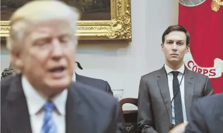  ?? AP FILE PHOTO ?? FAMILY TIES: Presidenti­al adviser Jared Kushner, right, listens to his father-in-law, President Trump, speak at the White House in January. Kushner has agreed to meet with the Senate Intelligen­ce Committee.
