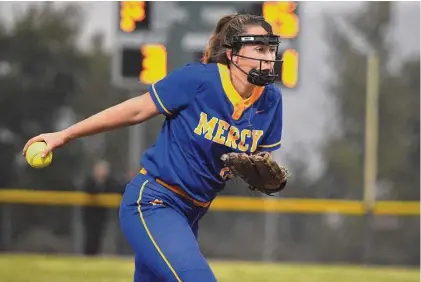  ?? Dave Stewart/Hearst Connecticu­t Media ?? Mercy pitcher Brooke Hickman windups against Woodland at the CIAC Class M softball semifinals in Meriden on Tuesday.