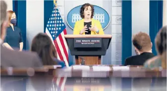  ?? ANDREW HARNIK/AP ?? Roberta Jacobson, President Joe Biden’s coordinato­r for the southern border, addresses border issues during a press briefing Wednesday at the White House.